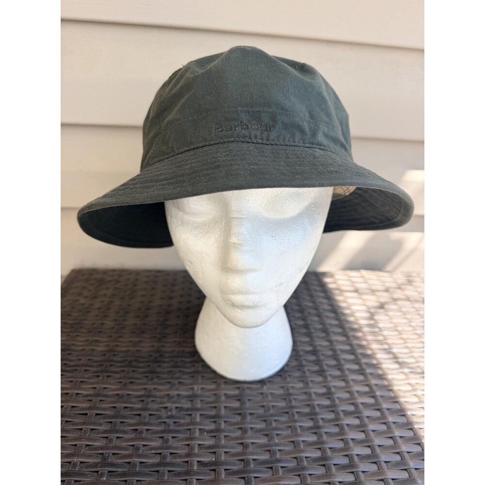 Barbour Waxed Cotton Sports Outdoor Bucket Hat Olive Green Tartan Lining Size XL